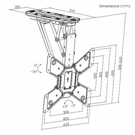 Afmetingen TV plafondbeugel flip met app / voice control