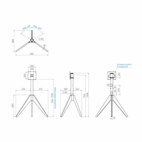 Afmetingen Cavus TV vloerstandaard TRIANGLE eiken 120cm