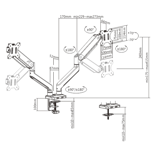 Monitor beugel met gasveer voor twee 17 t/m 32 inch schermen tot 10 kg afmetingen